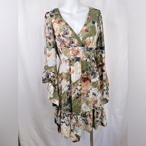 Betsy Johnson Boho Olive Green Floral Ruffle Mini Dress Bell Sleeves Size 8